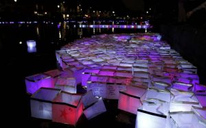 Lanterns floating on the Saint Martin Canal in memory of the victims of the 13th November attacks