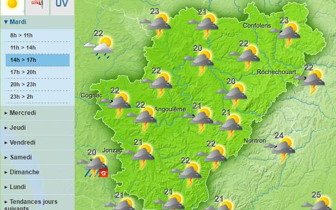 The weather forecast for the Charente in the afternoon and early evening will deteriorate 