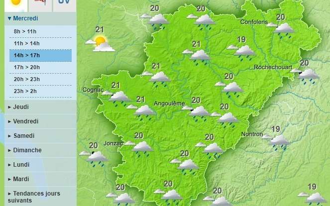 A Cloudy afternoon with some rain across the Charente department