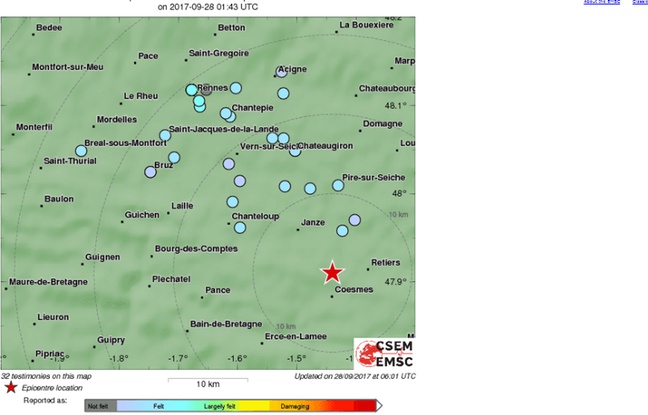 screenshot site https://m.emsc.eu/earthquake on the earthquake that occurred September 28, 2017 south of Rennes - https://m.emsc.eu/earthquake