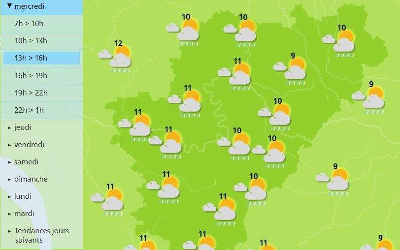 Grey overcast skies and rain are forecast for the weather in Charente today