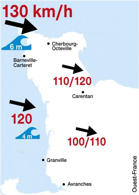 Wind gusts over 130 km/h are expected on the coast of the Manche department.