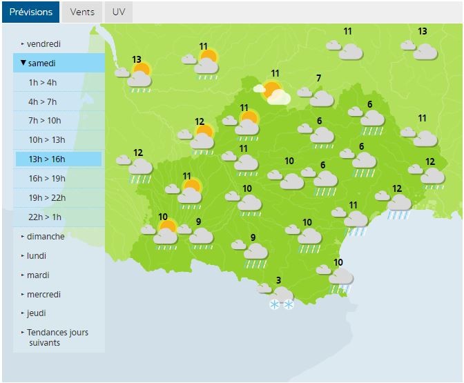 Rain is expected all over Occitanie, saturday 24 march 2018. 