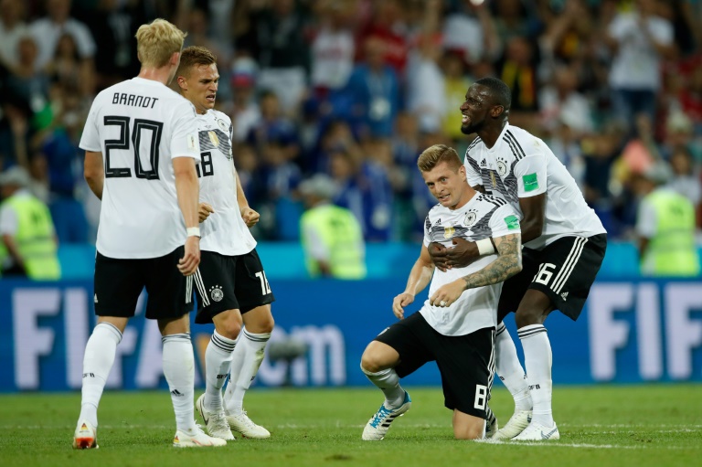 The joy of the victorious Germans in extremis from Sweden to Sochi on June 23, 2018. (© AFP / Odd ANDERSEN)