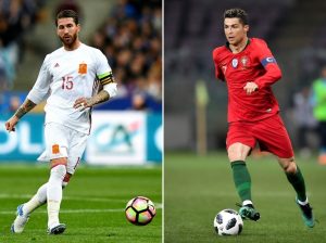 Photomontage of June 13, 2018 showing two teammates of Real Madrid, the Spaniard Sergio Ramos (L) and the Portuguese Cristiano Ronaldo, opposed when they entered the World Cup 2018