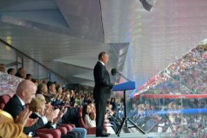 Russian President Vladimir Putin makes his opening statement for the World Cup on June 14, 2018 in Moscow.