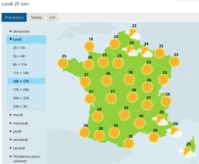 The weather forecast on Monday 25 June 2018. 