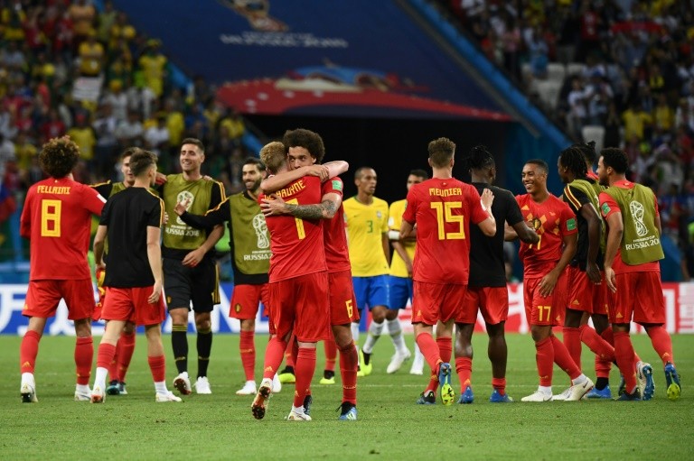 Belgian players are jubilant after qualifying for the semi-finals of the World Cup 2018