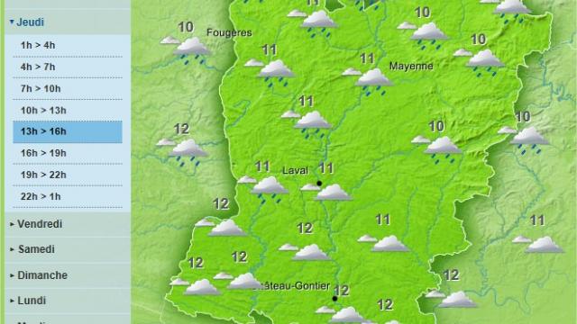 Scattered showers and mild temperatures are forecast for the weather in Mayenne today