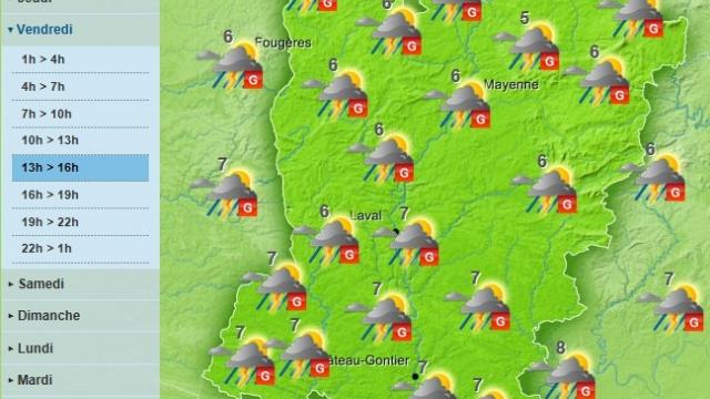 Rain and Hail is forecast for the afternoon for the Mayenne department