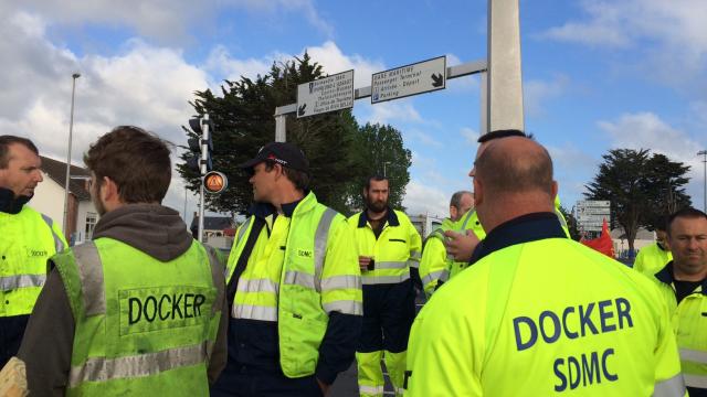 Dockworkers on are strike at the port of Ouistreham