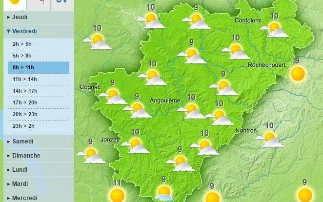 Todays weather in the Charente is forecast to be a warm and sunny day