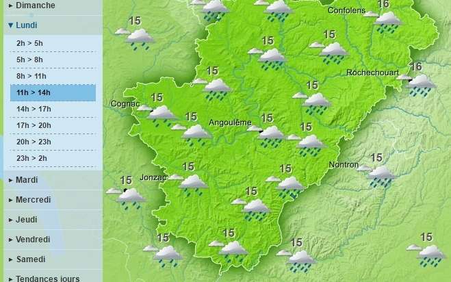 The weather in Charente will be grey skies and rainy