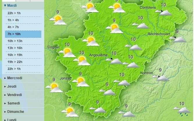 Cloudy with patchy sunshine is forecast for the morning for the weather in Charente