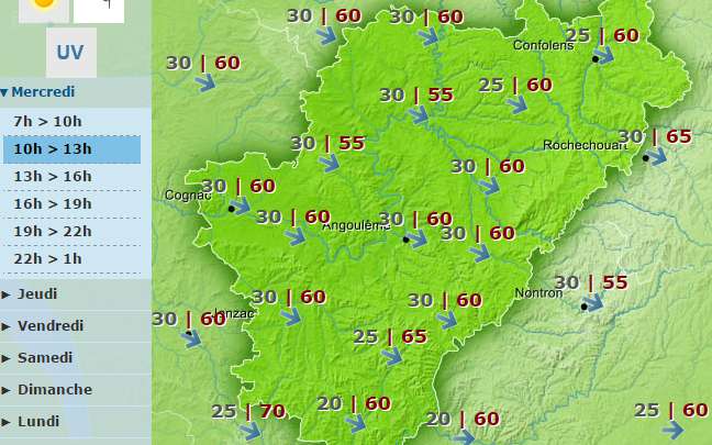 Strong winds and rain are forecast for the weather in Charente