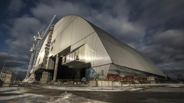 The containment dome covers the damaged reactor of the Chernobyl power plant.
