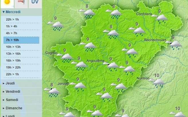 The weather in Charente is forecast to have more rain today