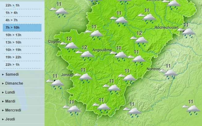 The weather in the Charente is forecast for a wet and windy day, with the possibility of storms