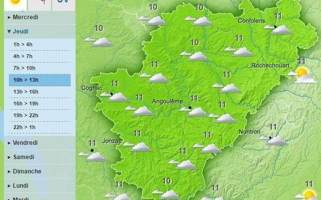 The weather in Charente will be Cloudy, Foggy and mild