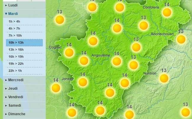 A mild sunny day is forecast for the weather in Charente