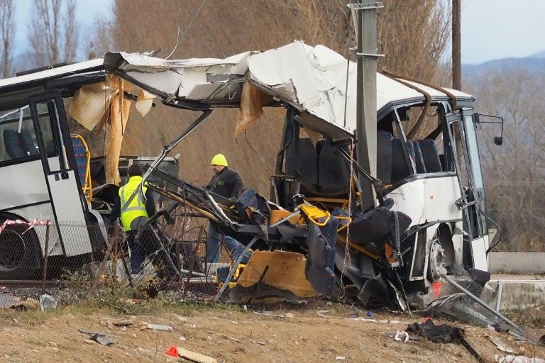 The carcass of the bus involved in an accident with a regional train in Millas, near Perpignan, December 15, 2017