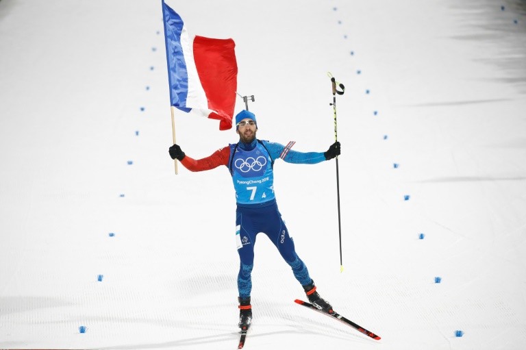 Biathlete Martin Fourcade at the end of the mixed relay event, won by France on 20 February 2018 at the Winter Olympics in Pyeongchang