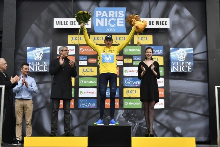 The winner of Paris-Nice 2018, the Spaniard Marc Soler celebrates his victory in Nice on March 11, 2018
