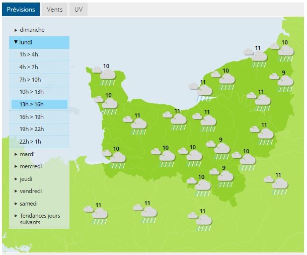 Weather forecast for Normandy this Monday