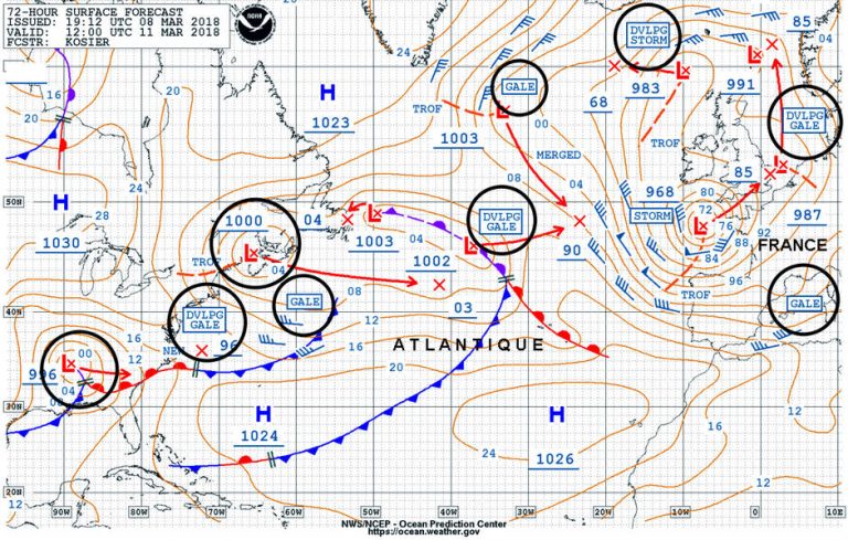 The weather forecast on Sunday 11 March at 12 noon. Note the very hollow depression that touches Brittany and the innumerable depression circulating around will cross the Atlantic. 