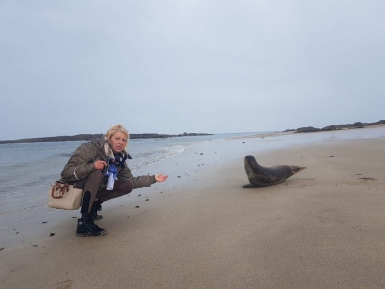 Catherine Truffert with the young seal on Jonville Beach at Réville.