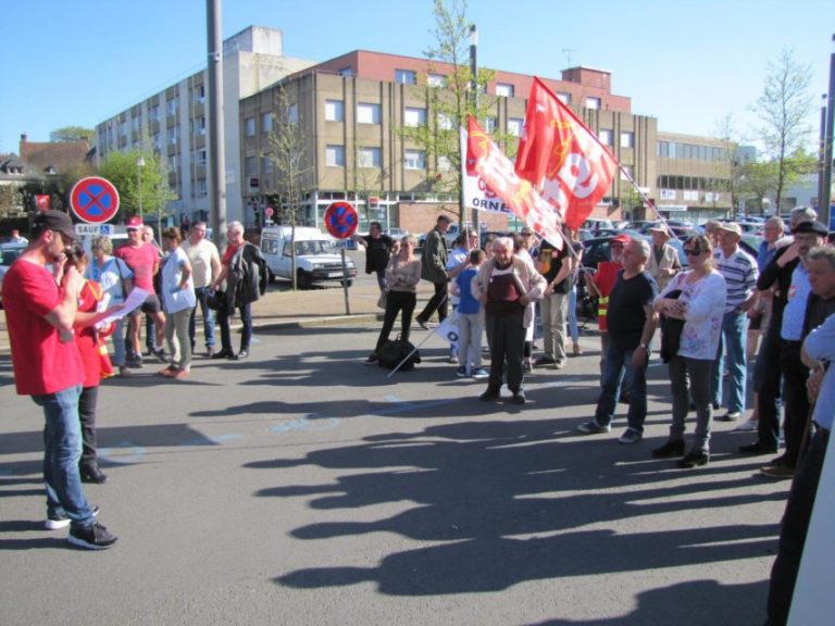 About 60 protestors in the streets of L'Aigle in Normandy