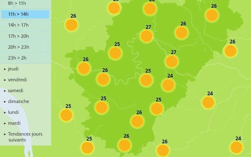 Meteo France forecast temperatures reaching 28 degrees in the Charente department