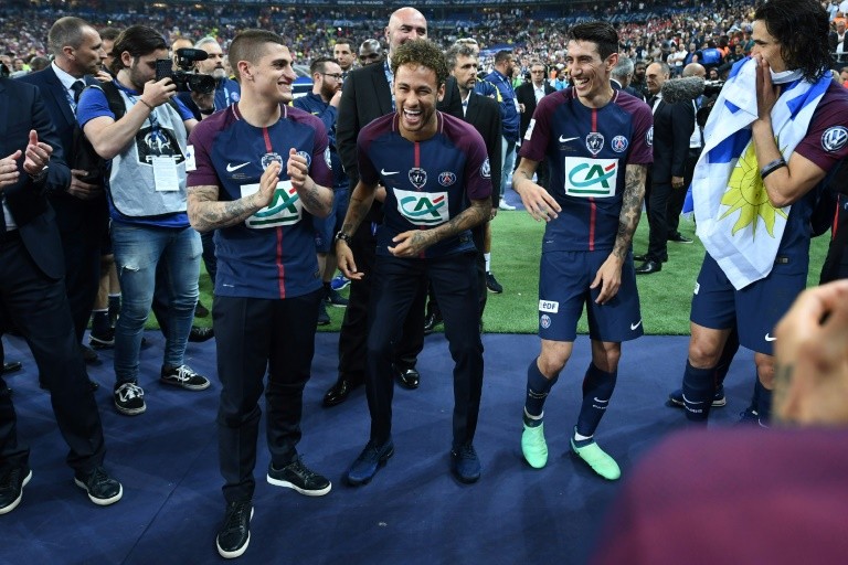 Neymar joins the PSG players who won the Coupe de France on May 8, 2018 
