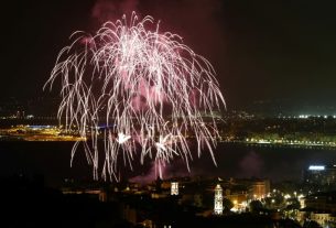 Fireworks over the Bay of Angels in Nice, July 14, 2014.