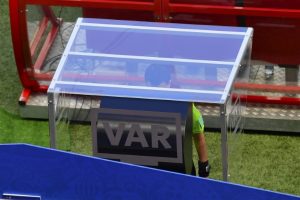 Use of video assistance to arbitration (VAR) during the match between France and Australia at the World Cup 2018