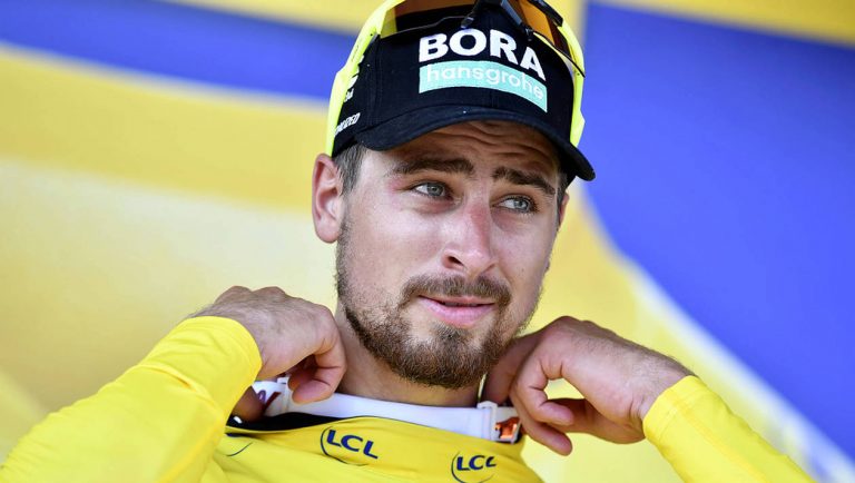 Peter Sagan in the Yellow Jersey after winning the second stage of the Tour de France
