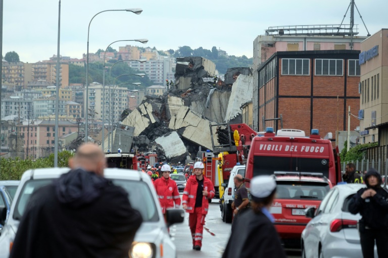 A part of a viaduct that collapsed in Genoa, northern Italy, on August 14, 2018