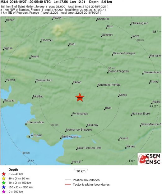 Epicentre of the Earthquake was near to Redon in Brittany