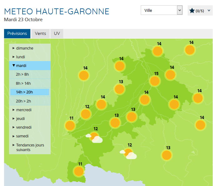 The weather in and around the area of Toulouse, Tuesday 23 October 2018.