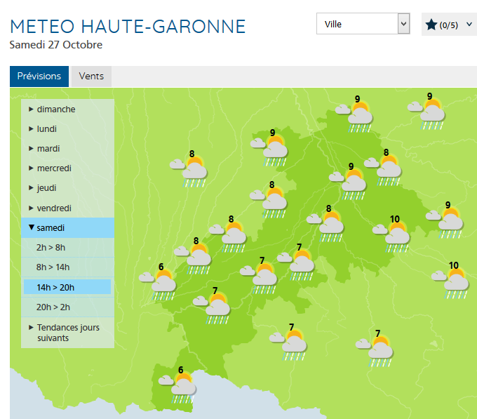 Weather forecast for Toulouse and the surrounding area on Saturday 27th October