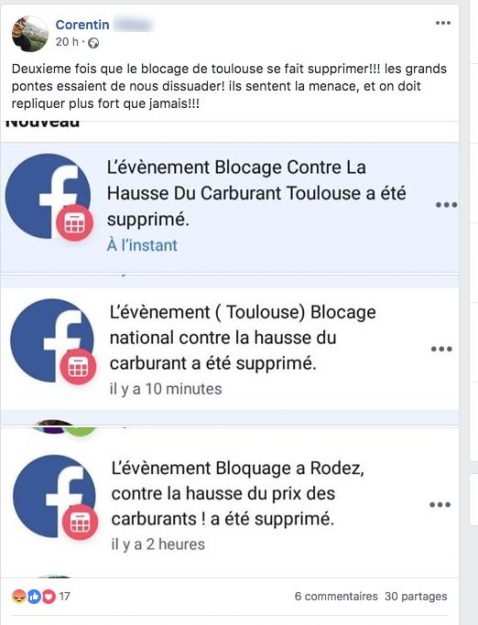 Several Facebook events about fuel protests have disappeared