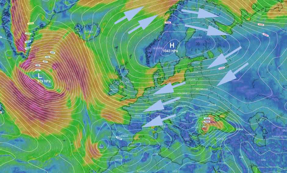 The situation map for Monday noon. the anticyclone is very powerful, but very high in latitude. To us the cold breezes from the East. |