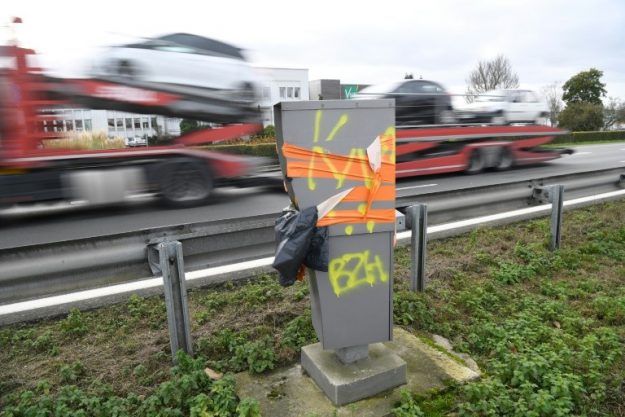 A damaged speed radar by Yellow Vests in Noyal-sur-Vilaine (Ille-et-Vilaine), January 8, 2019.