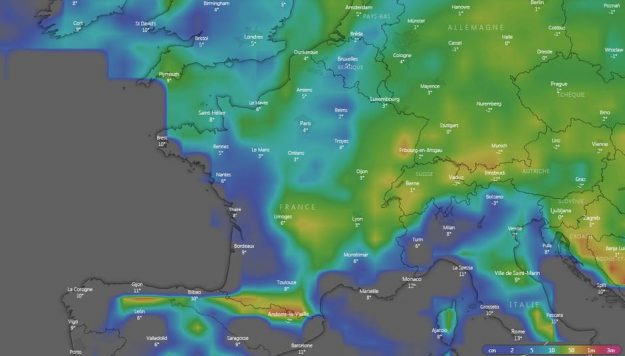 The cumulative new snow for the next ten days, seen by the American model. 