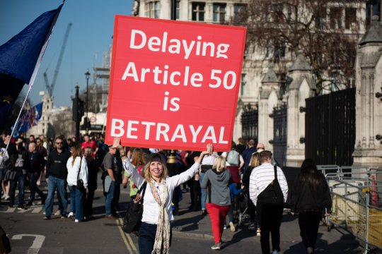 Pro-Brexit supporter demonstrated with a placard saying ‘Extending Article 50 is Betrayal’ outside Parliament earlier this week