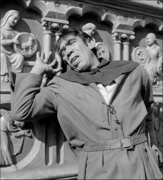 Anthony Quinn plays Quasimodo in the film "Notre Dame de Paris" by Jean Delannoy adapted from Victor Hugo's novel in 1956.