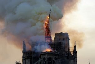 The spire of Notre-Dame collapses during the fire of the frame of the cathedral, in Paris on April 15, 2019.