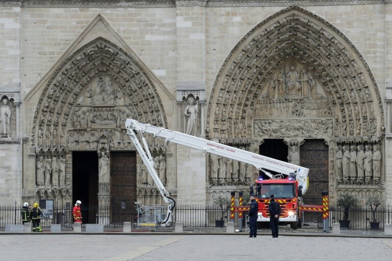 Firefighters in front of the Notre-Dame Cathedral in Paris on April 16, 2019.