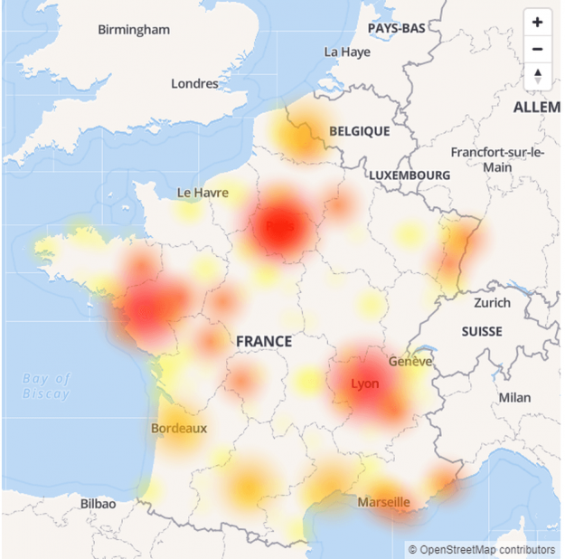 The graph presented by the site shows peaks of breakdowns in the regions of Paris, Lyon and Nantes.