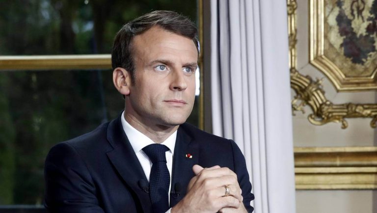 Emmanuel Macron after his address from the Elysee Palace in Paris on April 16, 2019